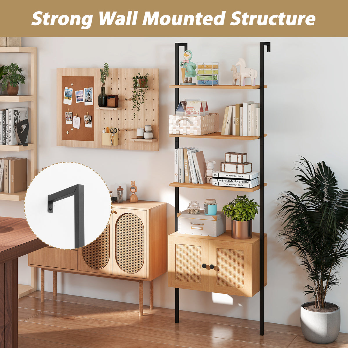 5-Tier Ladder Bookcase with Rattan Cabinet and Metal Frame