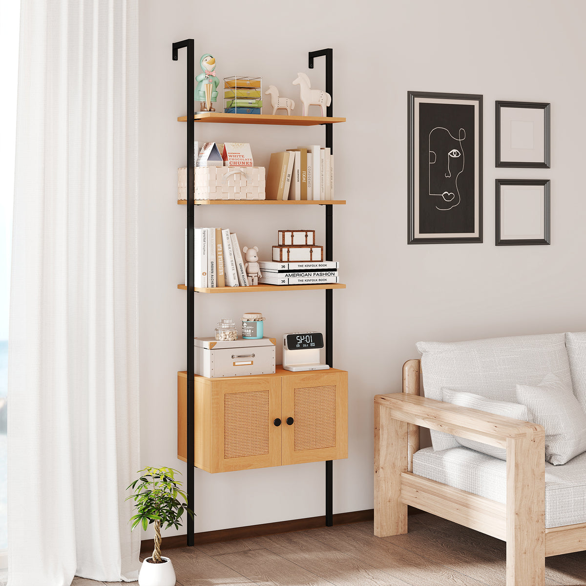 5-Tier Ladder Bookcase with Rattan Cabinet and Metal Frame