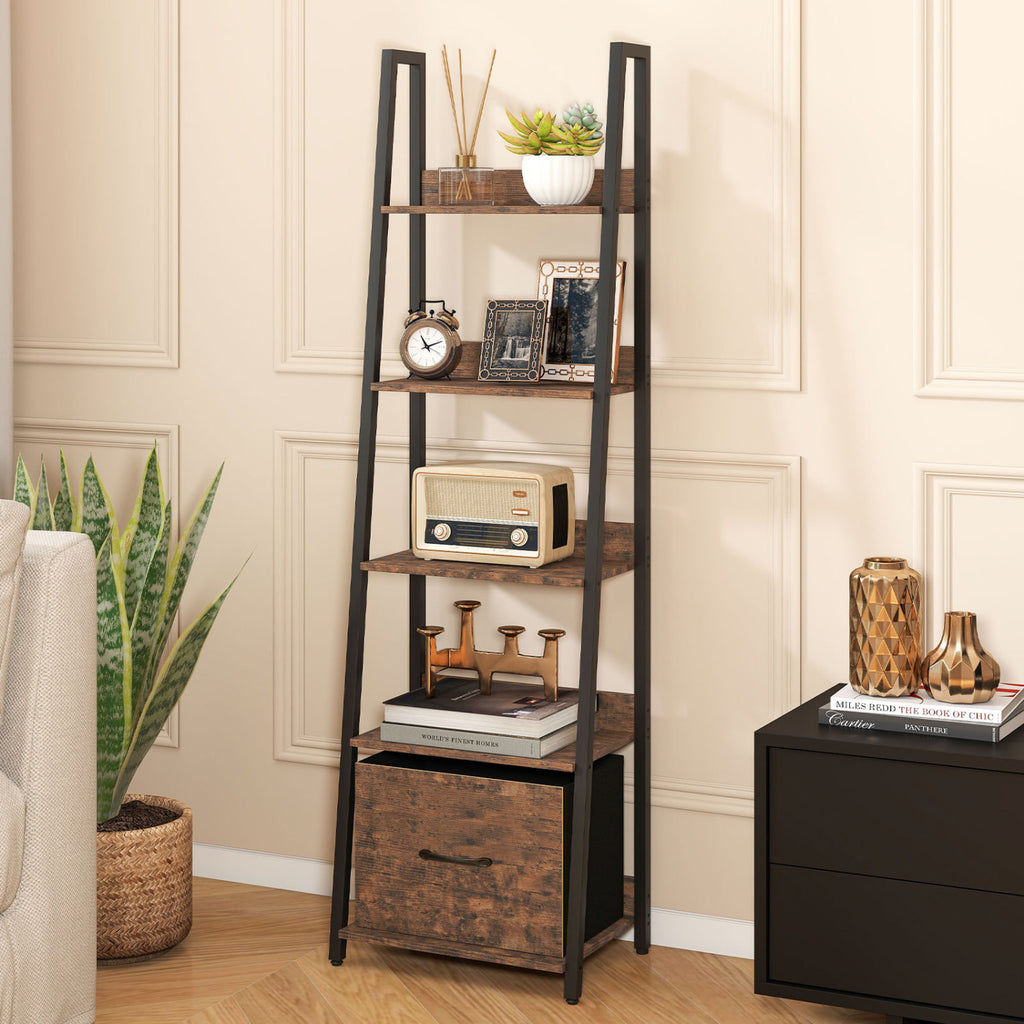 5-Tier Ladder Bookshelf with Fabric Drawer for Living Room and Home