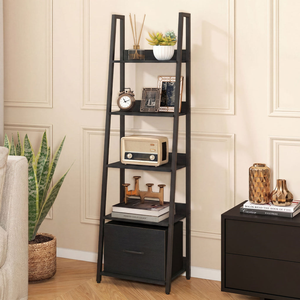 5-Tier Ladder Bookshelf with Fabric Drawer for Living Room and Home