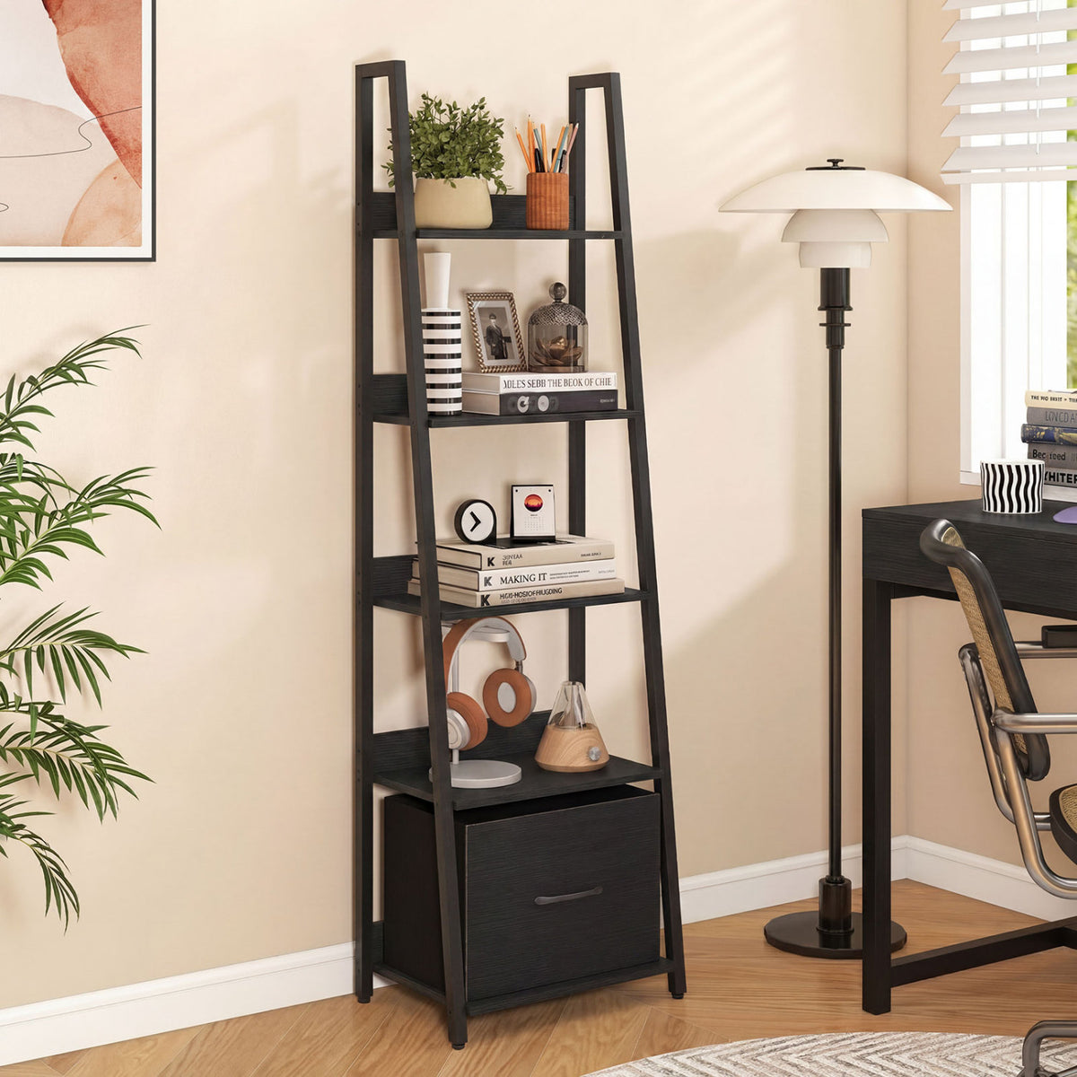 5-Tier Ladder Bookshelf with Fabric Drawer for Living Room and Home