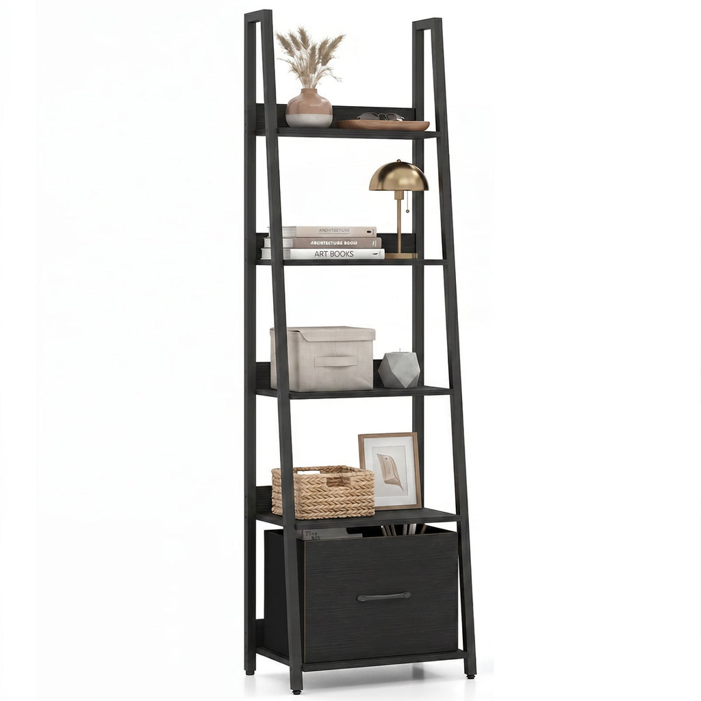 5-Tier Ladder Bookshelf with Fabric Drawer for Living Room and Home