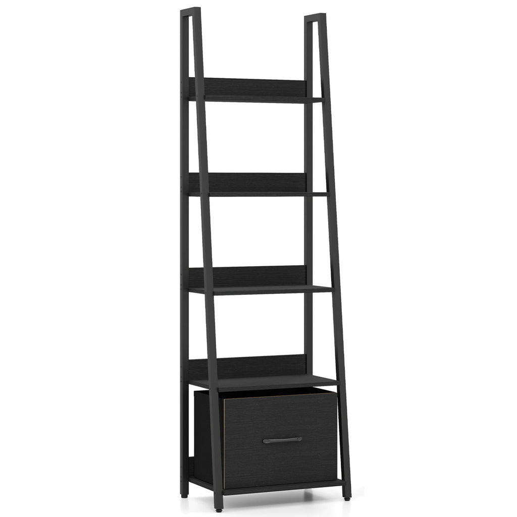 5-Tier Ladder Bookshelf with Fabric Drawer for Living Room and Home