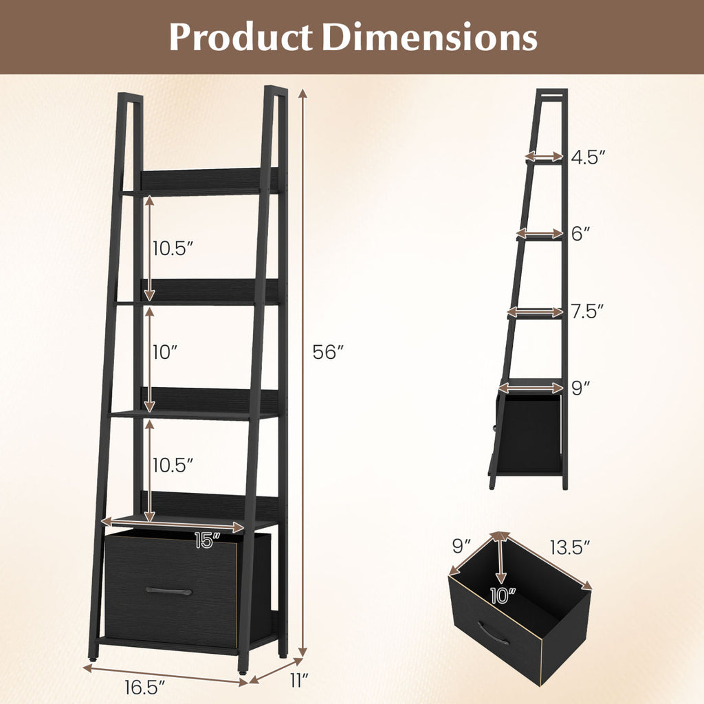 5-Tier Ladder Bookshelf with Fabric Drawer for Living Room and Home