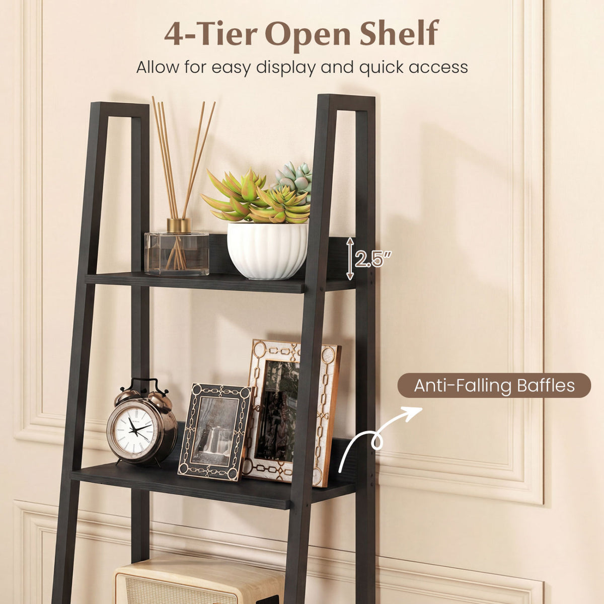 5-Tier Ladder Bookshelf with Fabric Drawer for Living Room and Home