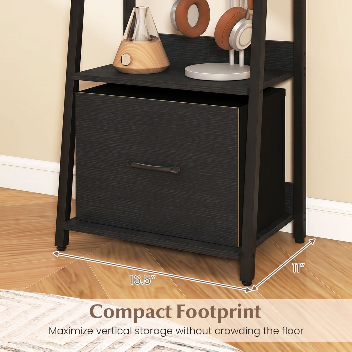 5-Tier Ladder Bookshelf with Fabric Drawer for Living Room and Home