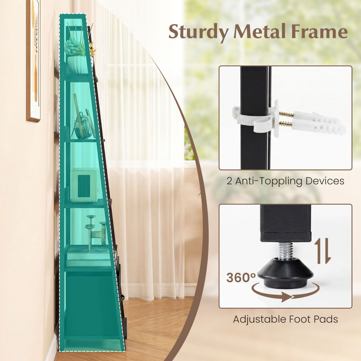 5-Tier Ladder Bookshelf with Fabric Drawer for Living Room and Home