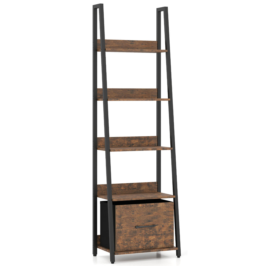 5-Tier Ladder Bookshelf with Fabric Drawer for Living Room and Home