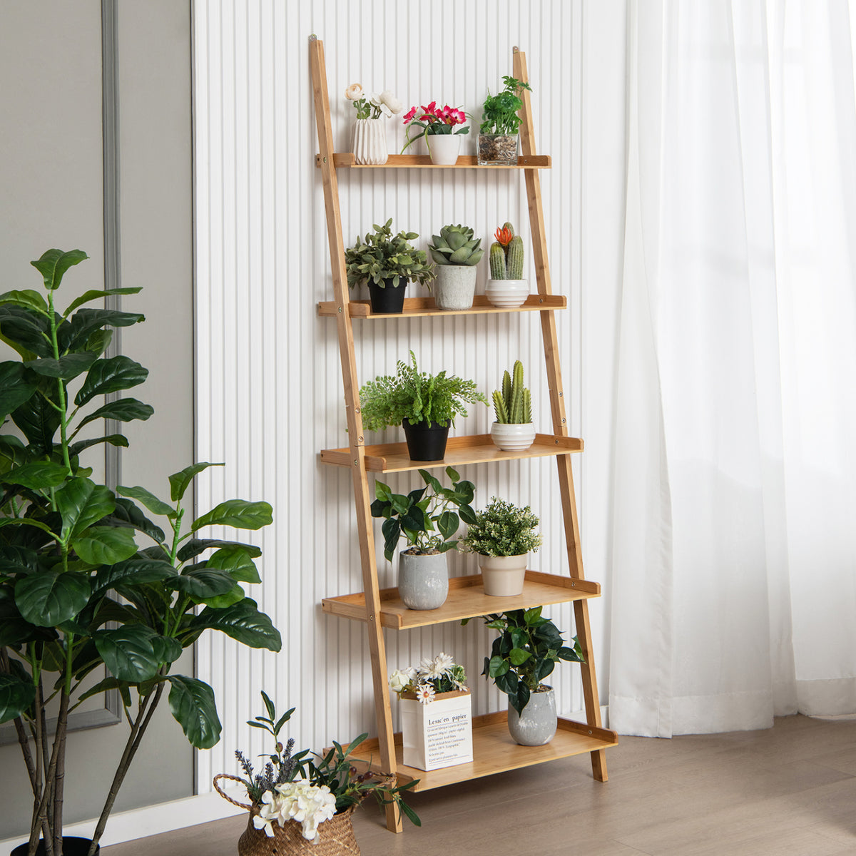 5-Tier Ladder Shelf Bamboo Bookshelf Wall-Leaning Storage Display