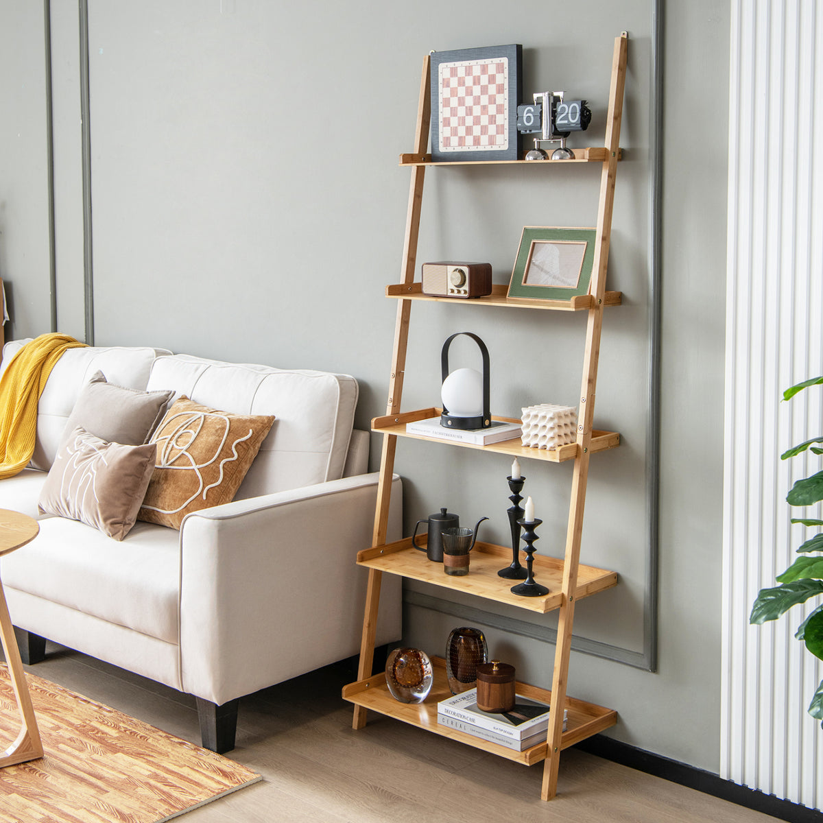 5-Tier Ladder Shelf Bamboo Bookshelf Wall-Leaning Storage Display