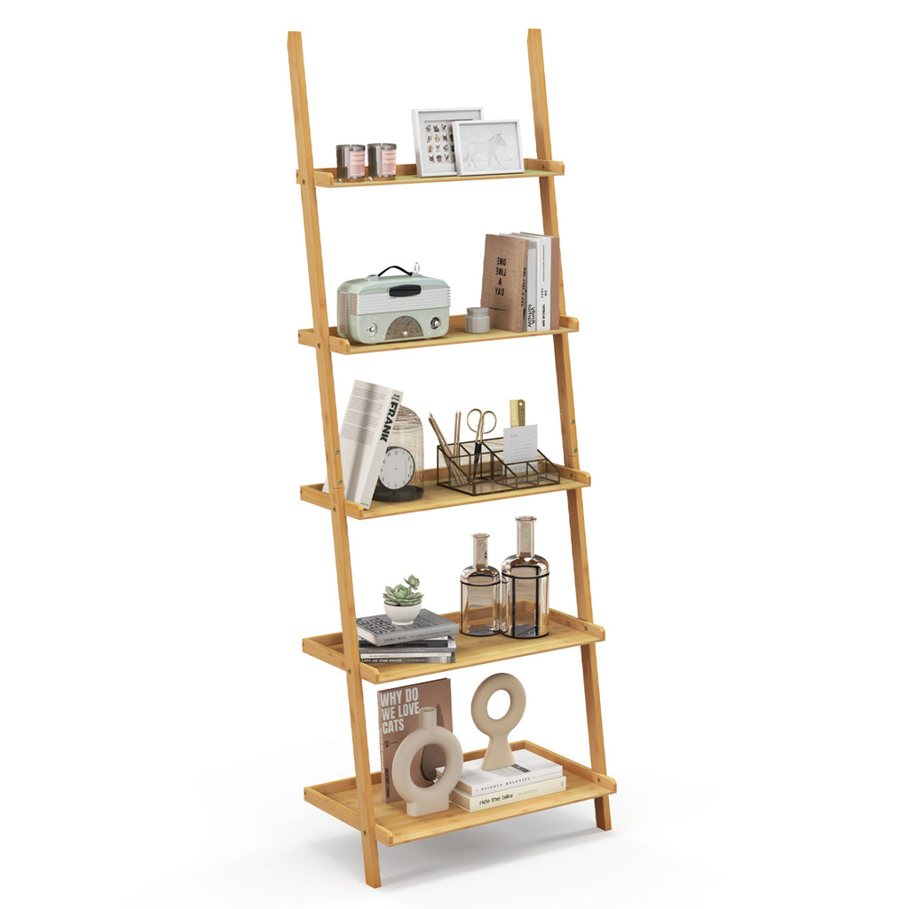 5-Tier Ladder Shelf Bamboo Bookshelf Wall-Leaning Storage Display