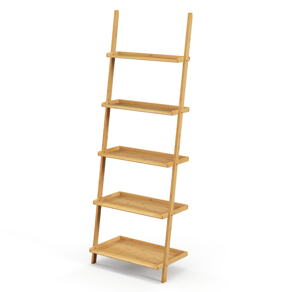 5-Tier Ladder Shelf Bamboo Bookshelf Wall-Leaning Storage Display
