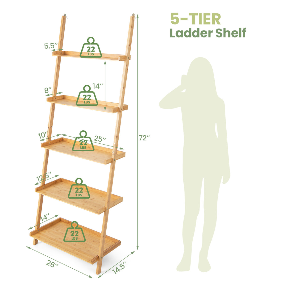 5-Tier Ladder Shelf Bamboo Bookshelf Wall-Leaning Storage Display