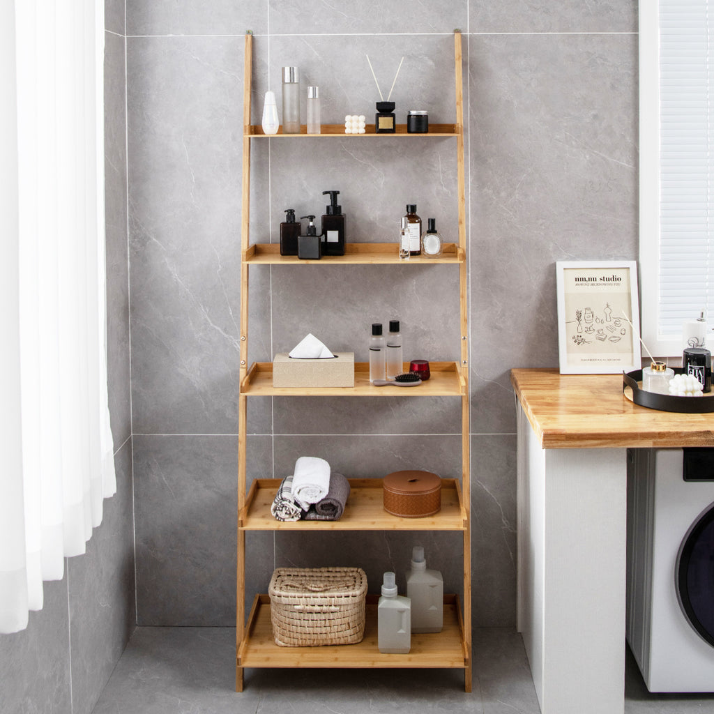 5-Tier Ladder Shelf Bamboo Bookshelf Wall-Leaning Storage Display