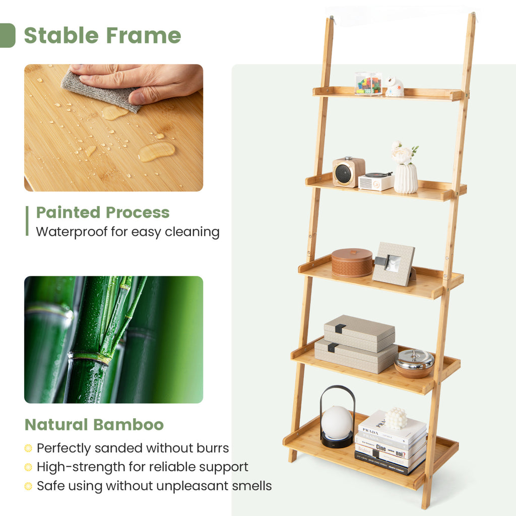 5-Tier Ladder Shelf Bamboo Bookshelf Wall-Leaning Storage Display