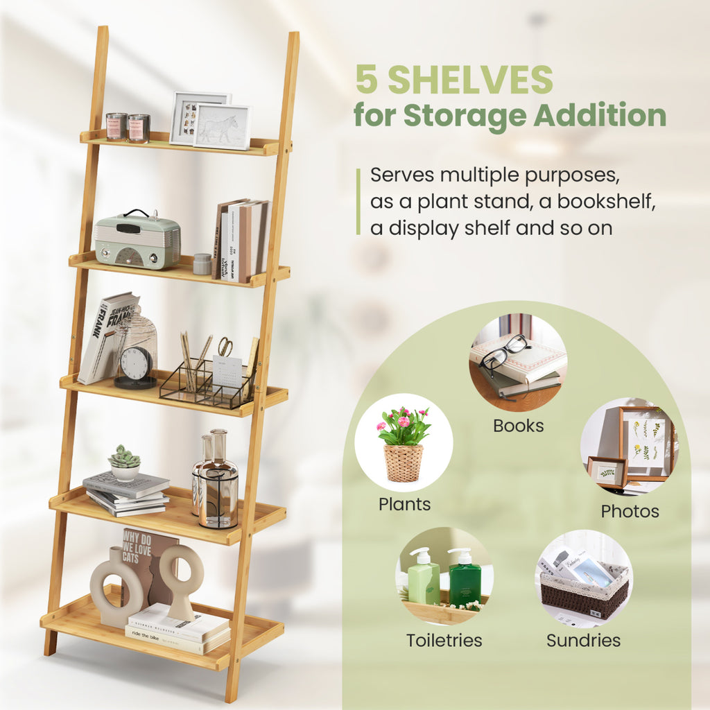 5-Tier Ladder Shelf Bamboo Bookshelf Wall-Leaning Storage Display