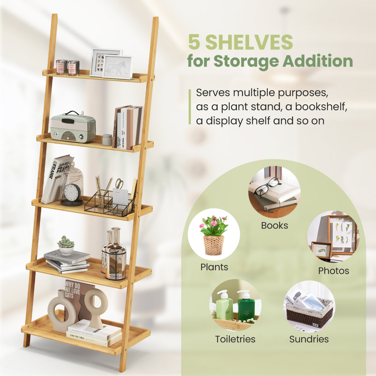 5-Tier Ladder Shelf Bamboo Bookshelf Wall-Leaning Storage Display