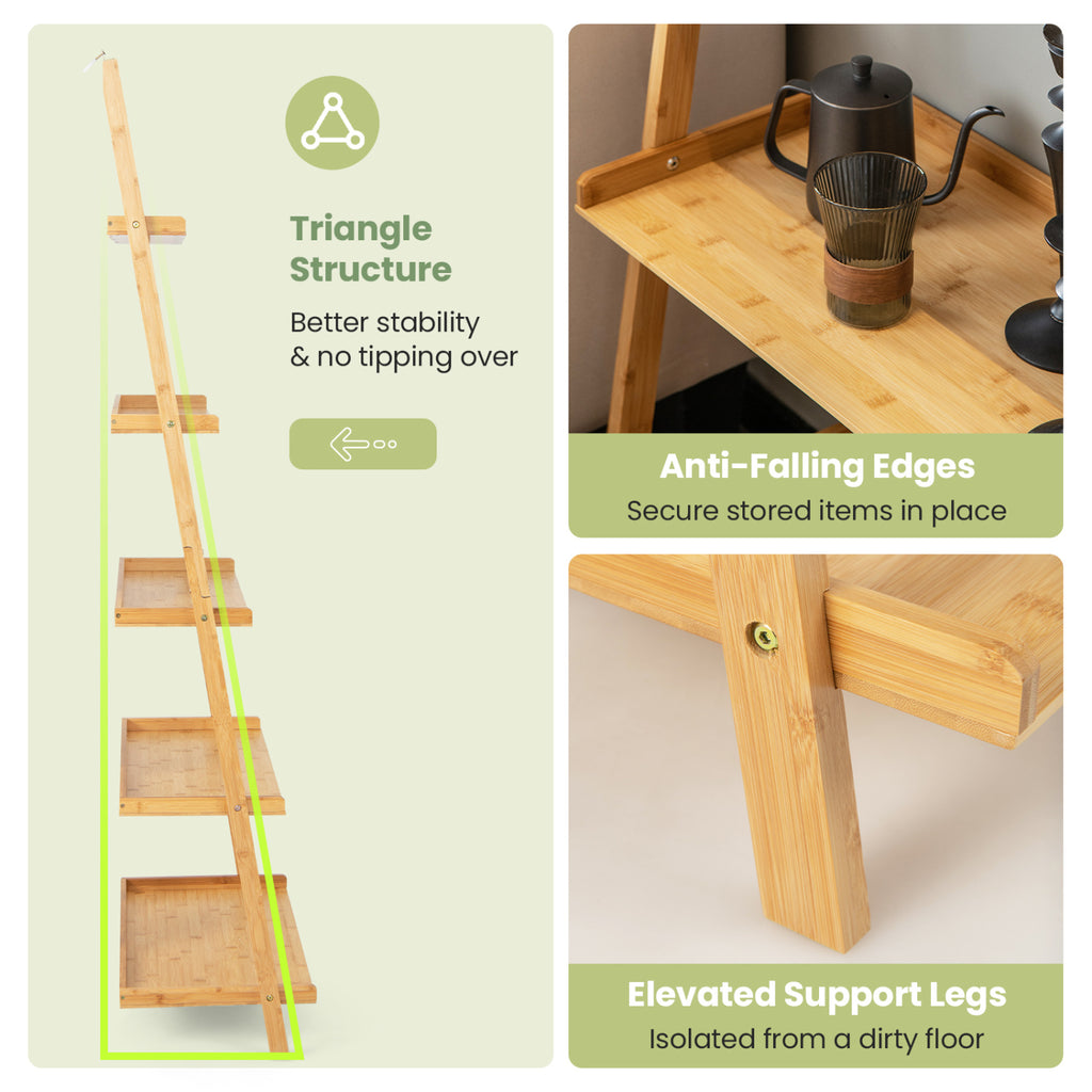 5-Tier Ladder Shelf Bamboo Bookshelf Wall-Leaning Storage Display