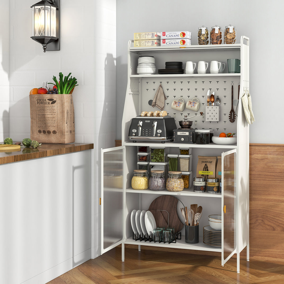 5-Tier Metal Baker's Rack with Flip-Up Door - White