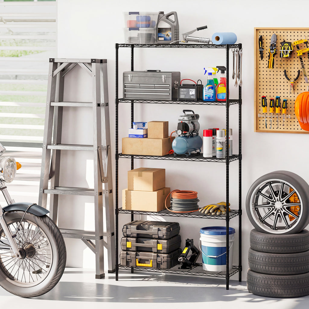 5-Tier Metal Storage Shelving Unit, 1250 LBS Capacity - Black