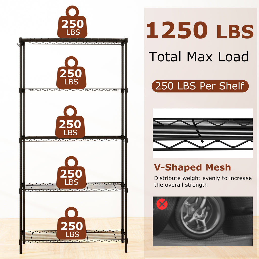 5-Tier Metal Storage Shelving Unit, 1250 LBS Capacity - Black