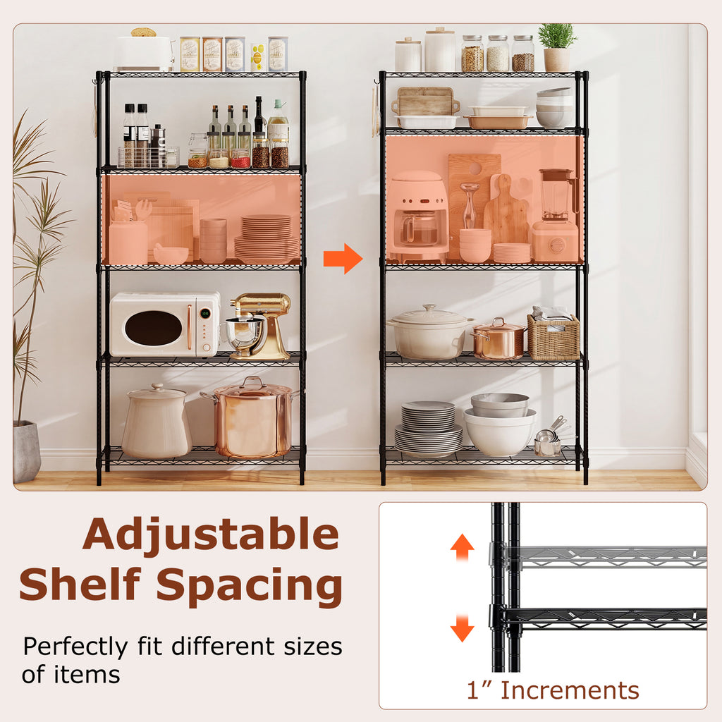 5-Tier Metal Storage Shelving Unit, 1250 LBS Capacity - Black