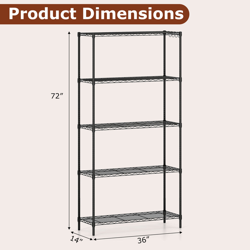 5-Tier Metal Storage Shelving Unit, 1250 LBS Capacity - Black