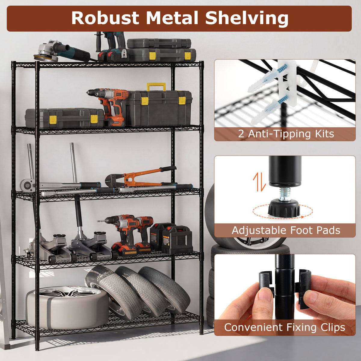 5-Tier Metal Storage Shelving Unit Set of 2 Adjustable Utility Shelf