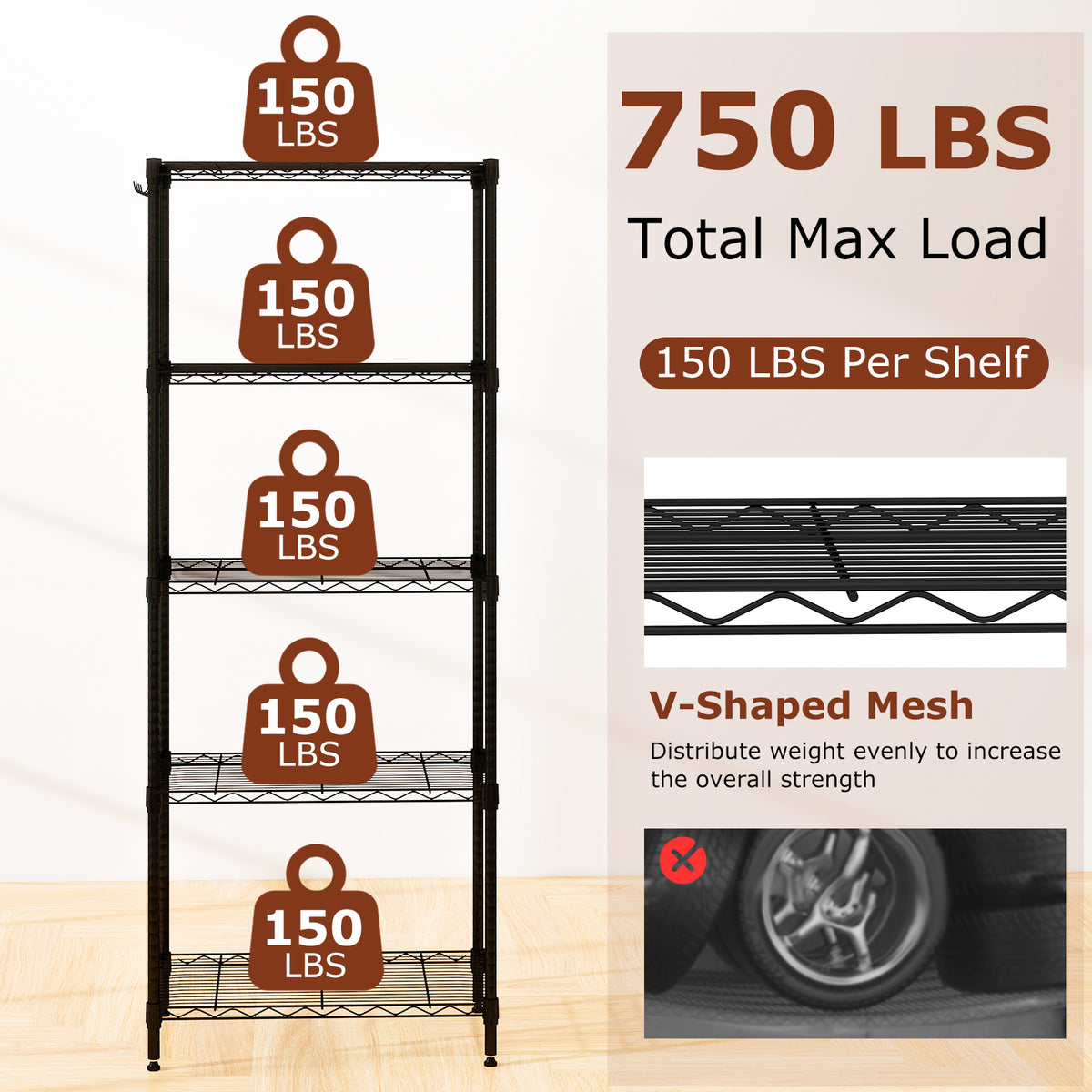 5-Tier Metal Storage Shelving Unit - Black, 750 LBS Capacity