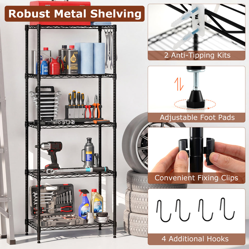 5-Tier Metal Storage Shelving Unit - Black, 750 LBS Capacity