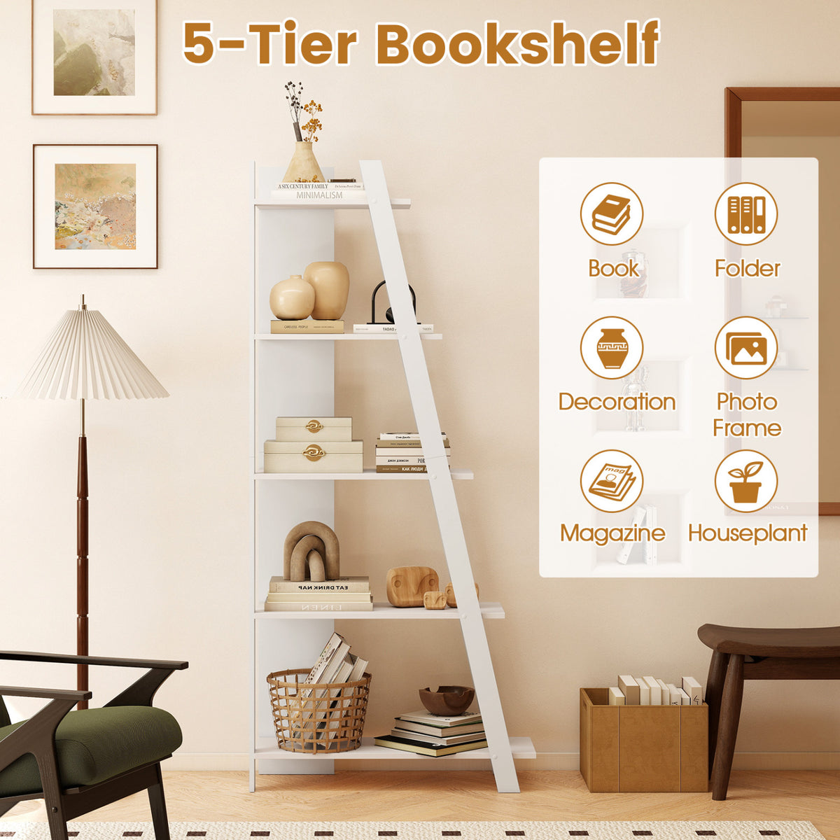 5-Tier Modern Bookshelf Narrow Vertical Display Shelf for Small Space