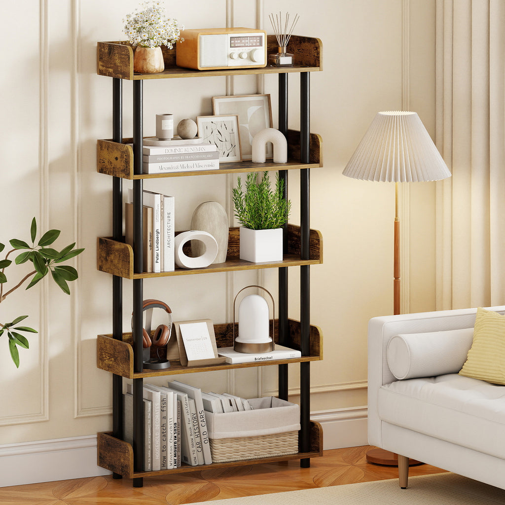 5-Tier Open Bookcase with Industrial Storage - Rustic Brown