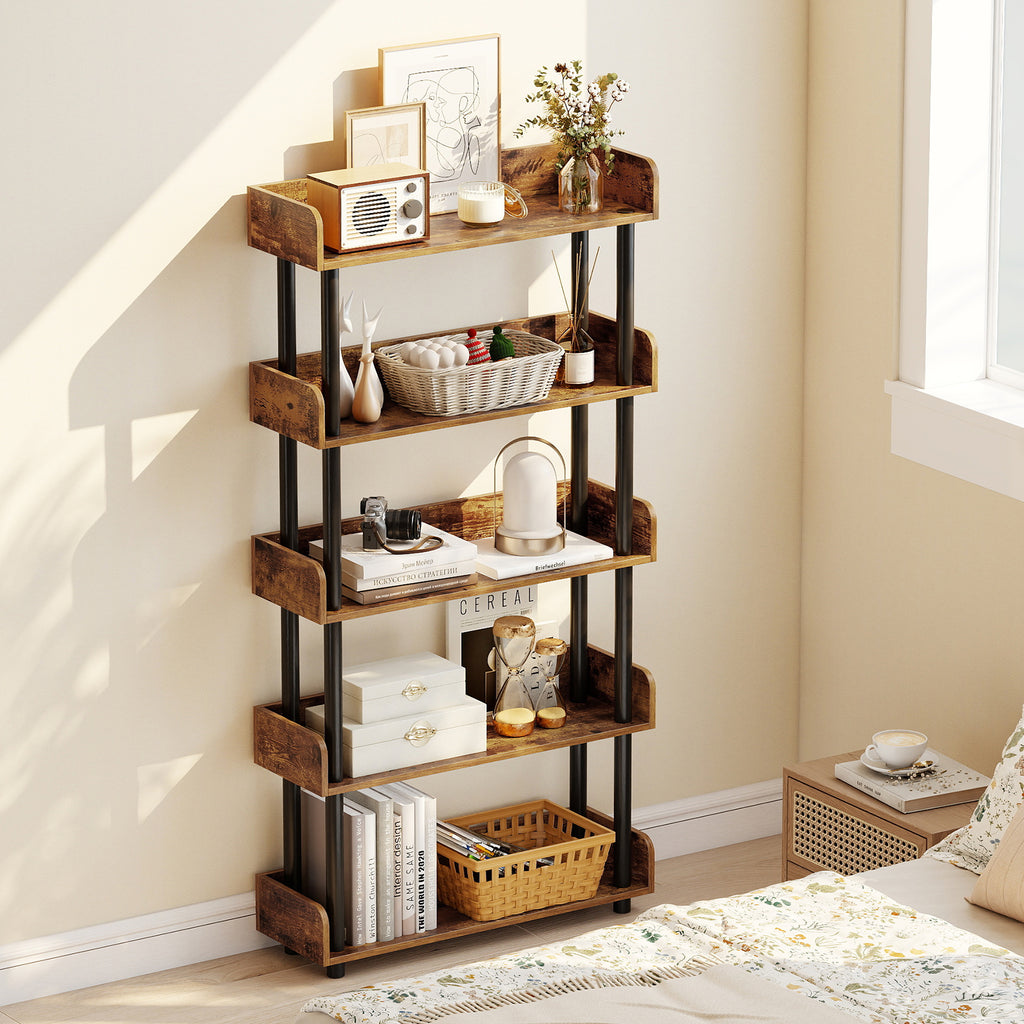 5-Tier Open Bookcase with Industrial Storage - Rustic Brown