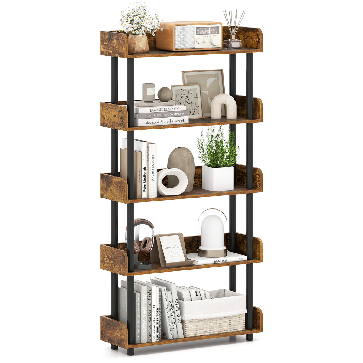 5-Tier Open Bookcase with Industrial Storage - Rustic Brown