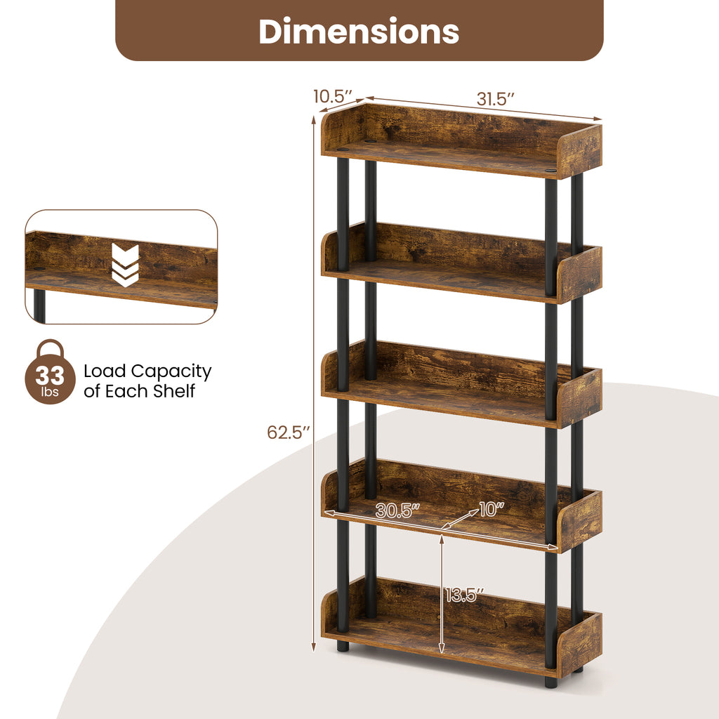 5-Tier Open Bookcase with Industrial Storage - Rustic Brown