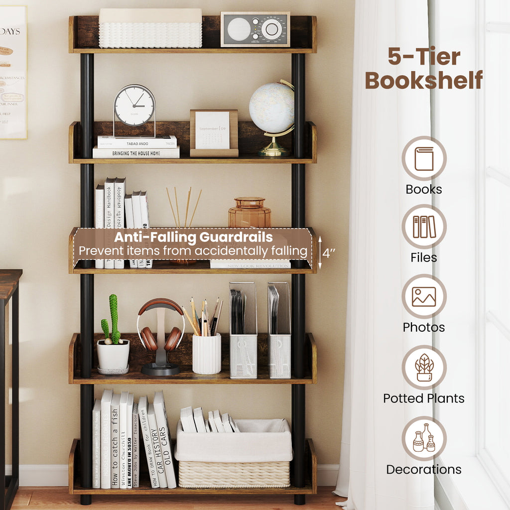 5-Tier Open Bookcase with Industrial Storage - Rustic Brown