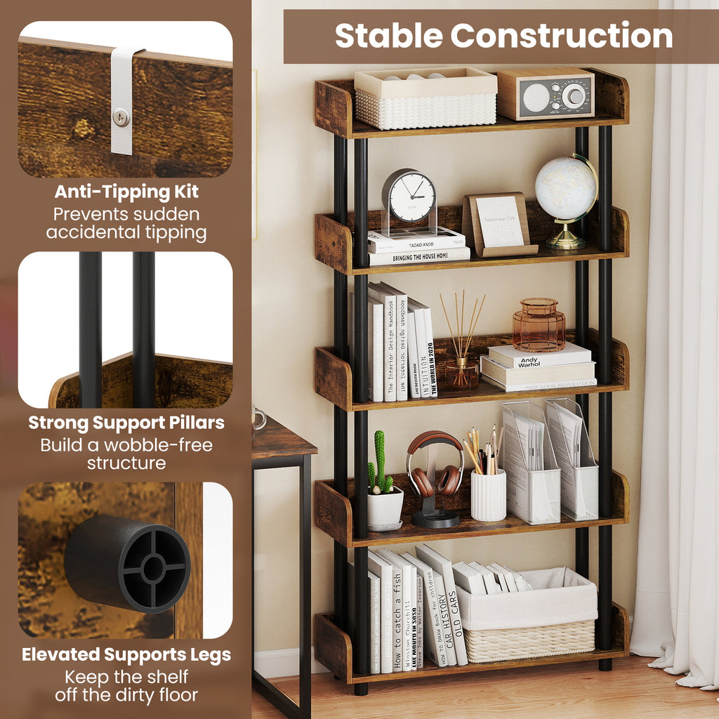 5-Tier Open Bookcase with Industrial Storage - Rustic Brown