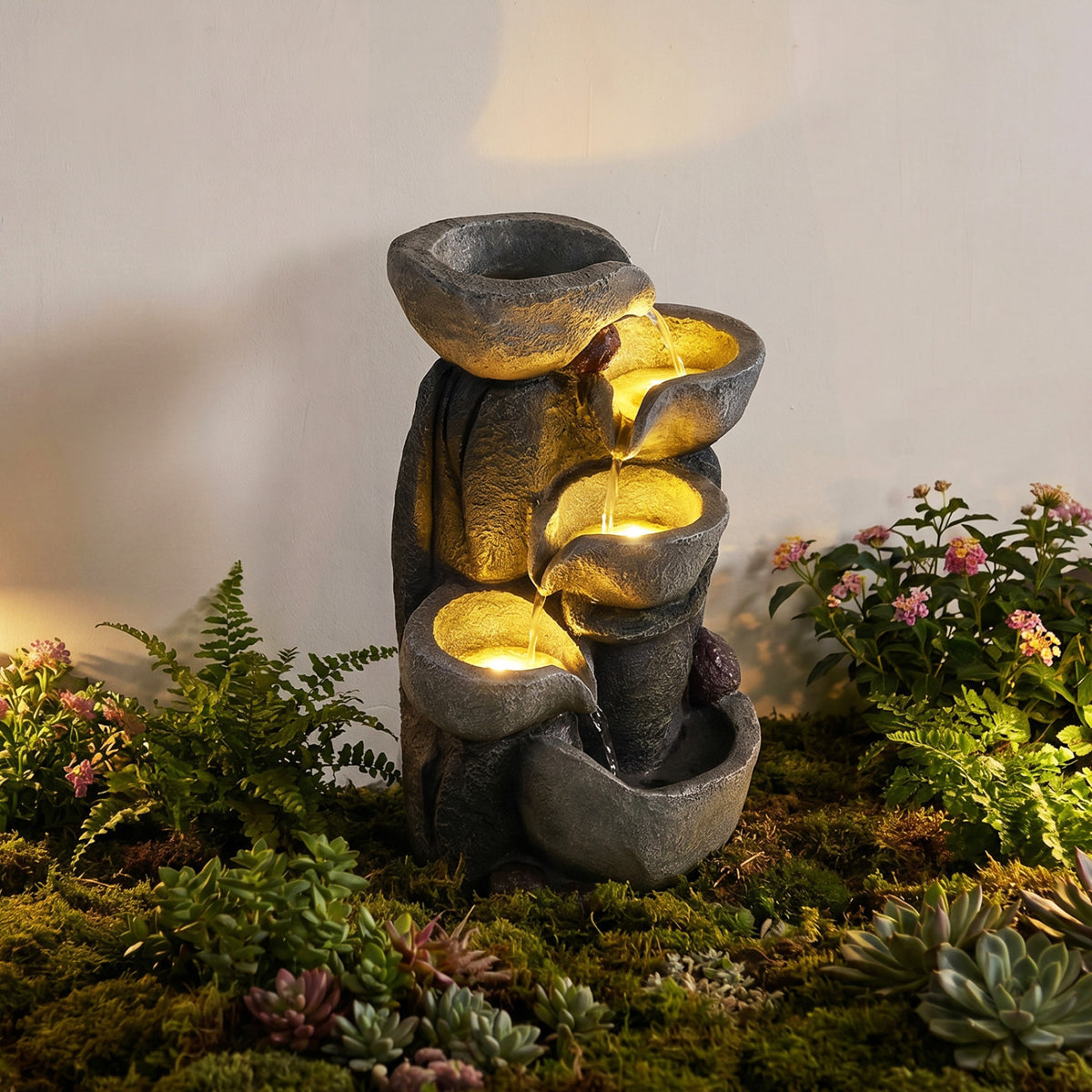 Tabletop 5-Tier Outdoor Water Fountain with LED Lights - Stone Texture, 17.5 Inch