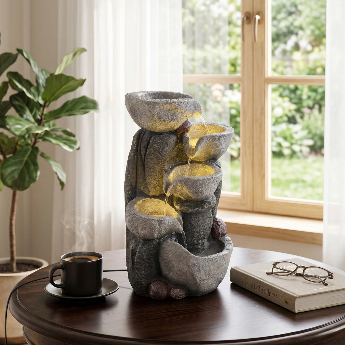 Tabletop 5-Tier Outdoor Water Fountain with LED Lights - Stone Texture, 17.5 Inch