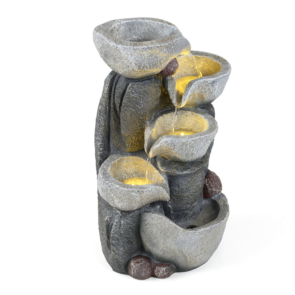 Outdoor 5-Tier Cascading Rock Water Fountain with LED Lights and Pump - Tabletop Water Feature