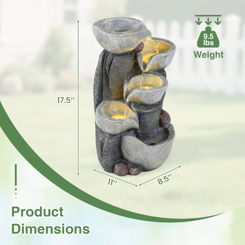 Tabletop 5-Tier Outdoor Water Fountain with LED Lights - Stone Texture, 17.5 Inch