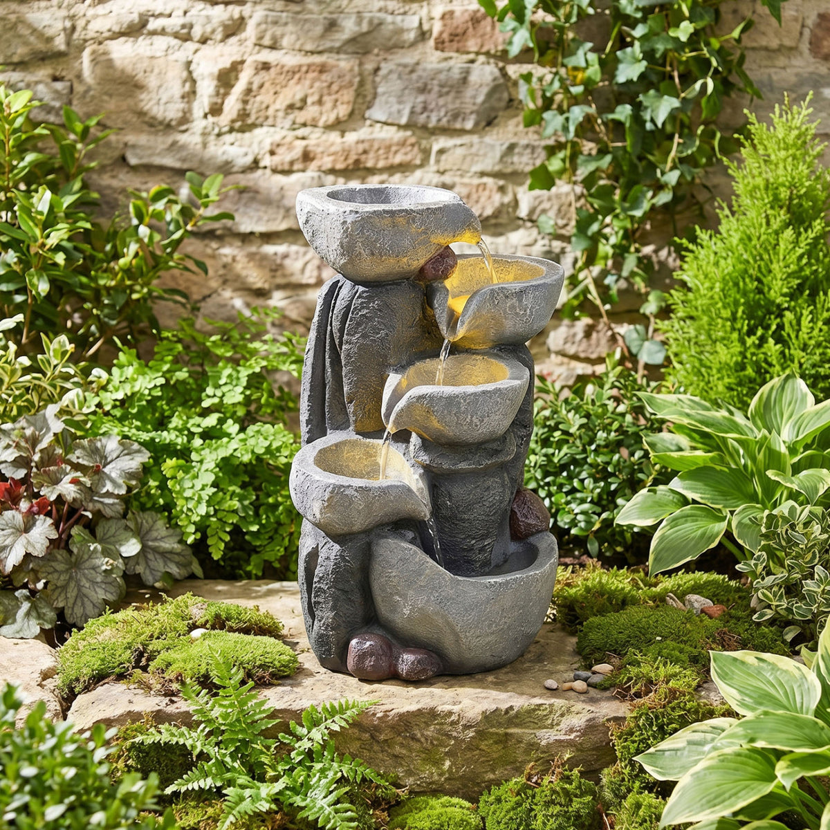 Tabletop 5-Tier Outdoor Water Fountain with LED Lights - Stone Texture, 17.5 Inch
