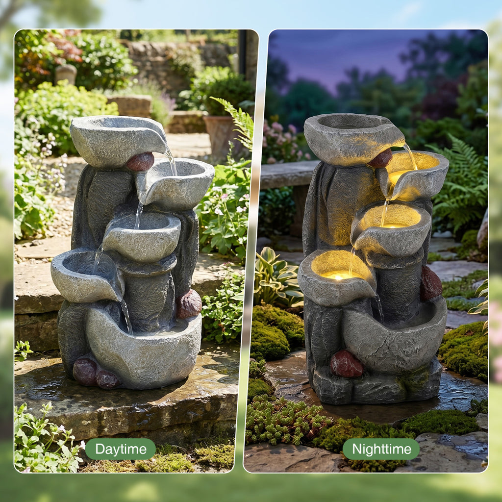 Tabletop 5-Tier Outdoor Water Fountain with LED Lights - Stone Texture, 17.5 Inch