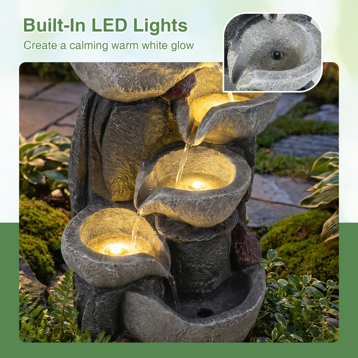 Tabletop 5-Tier Outdoor Water Fountain with LED Lights - Stone Texture, 17.5 Inch