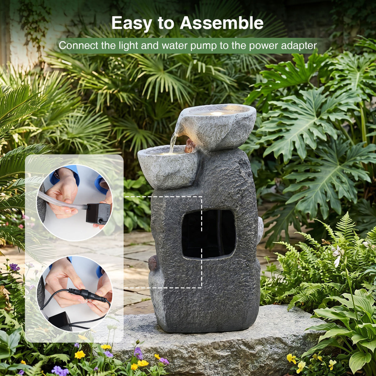 Tabletop 5-Tier Outdoor Water Fountain with LED Lights - Stone Texture, 17.5 Inch