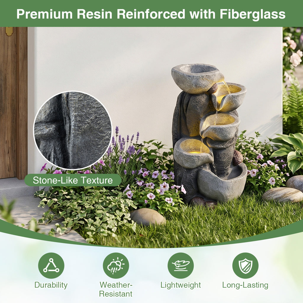 Tabletop 5-Tier Outdoor Water Fountain with LED Lights - Stone Texture, 17.5 Inch