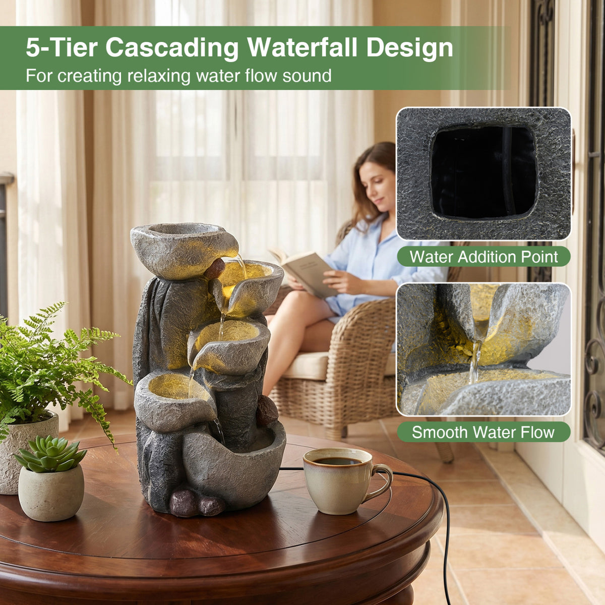 Tabletop 5-Tier Outdoor Water Fountain with LED Lights - Stone Texture, 17.5 Inch