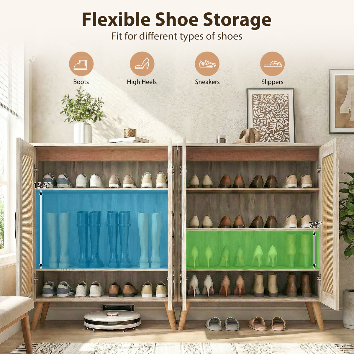 5-Tier Rattan Shoe Cabinet with 3 Removable Shelves