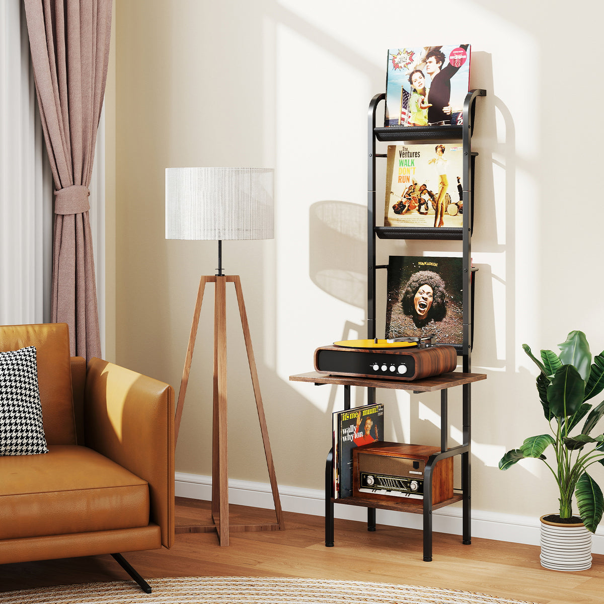 5-Tier Record Player Stand with Vinyl Display Shelf, Rustic Brown