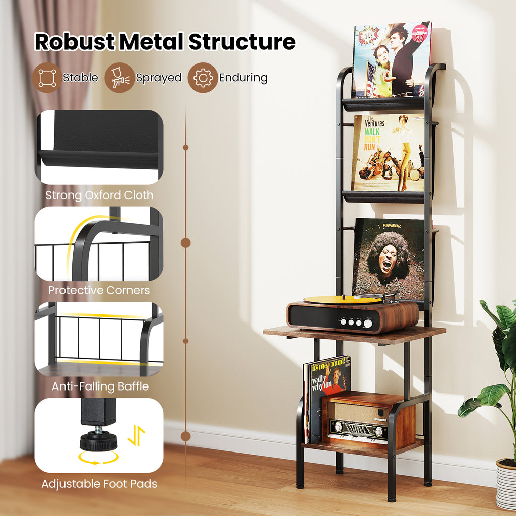 5-Tier Record Player Stand with Vinyl Display Shelf, Rustic Brown
